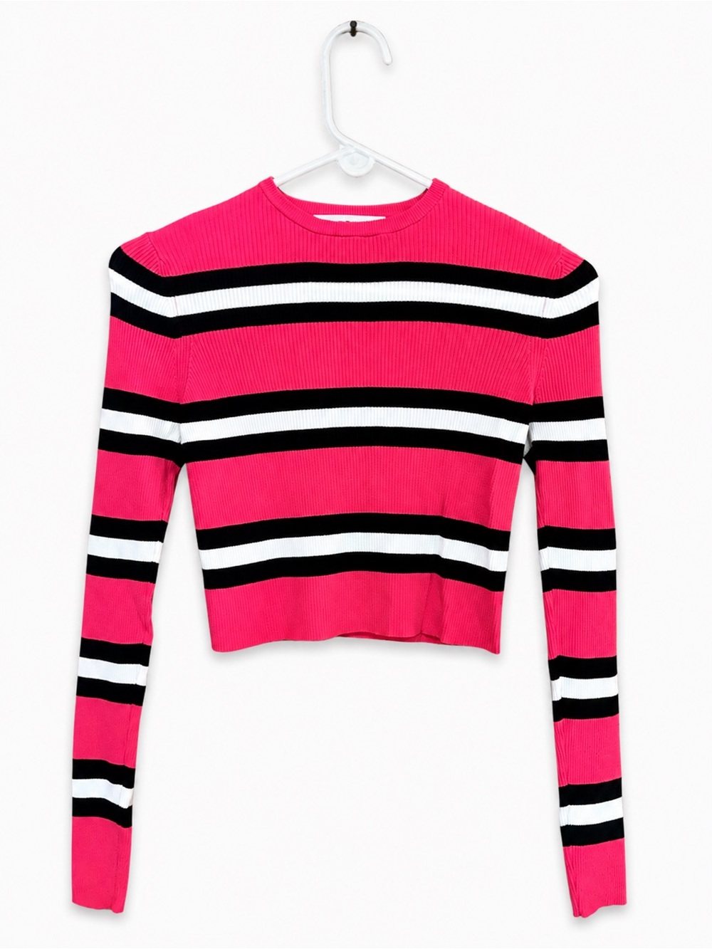 Zara Knit Berry Red Black White Striped Ribbed Crop Sweater Top M NWOT
